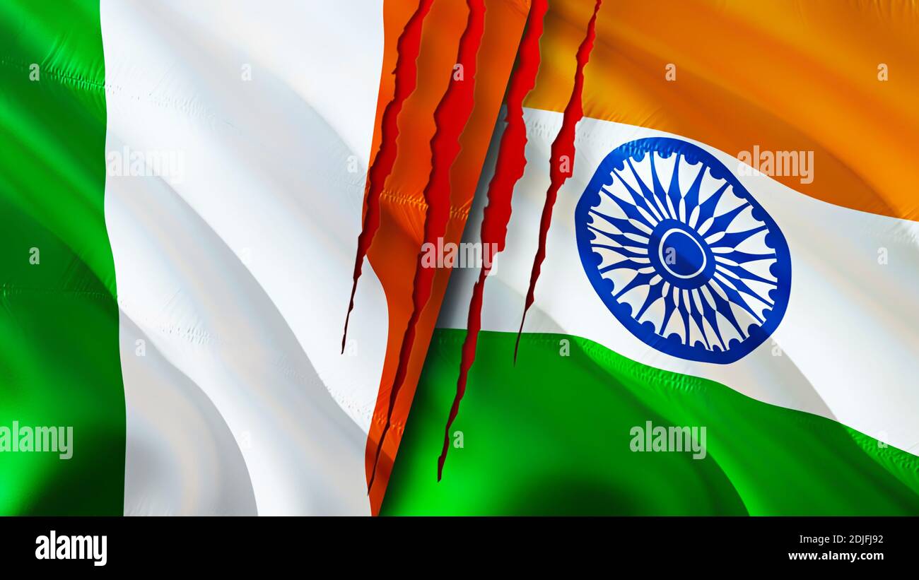 Ireland and India flags with scar concept. Waving flag 3D rendering