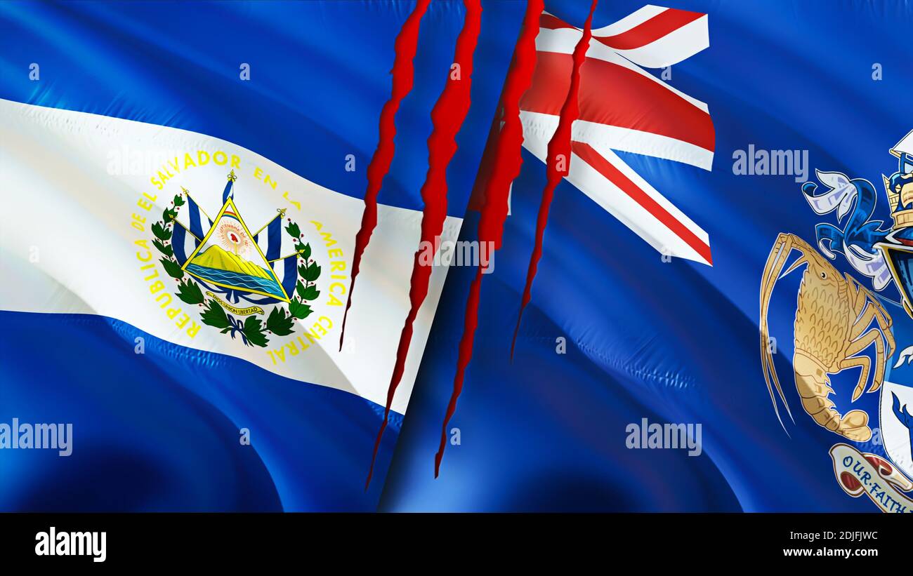 El Salvador and Tristan da Cunha flags with scar concept. Waving flag 3D rendering. El Salvador and Tristan da Cunha conflict concept. El Salvador Tri Stock Photo
