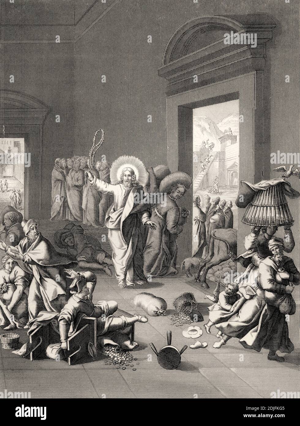 The cleansing of the Temple, New Testament, Steel engraving 1853, digitally restored Stock Photo