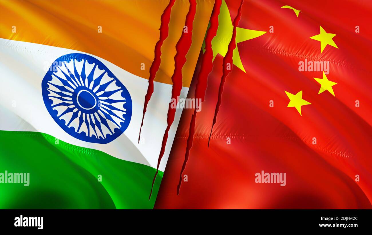 India and China flags with scar concept. Waving flag,3D rendering. India and China conflict concept. India China relations concept. flag of India and Stock Photo