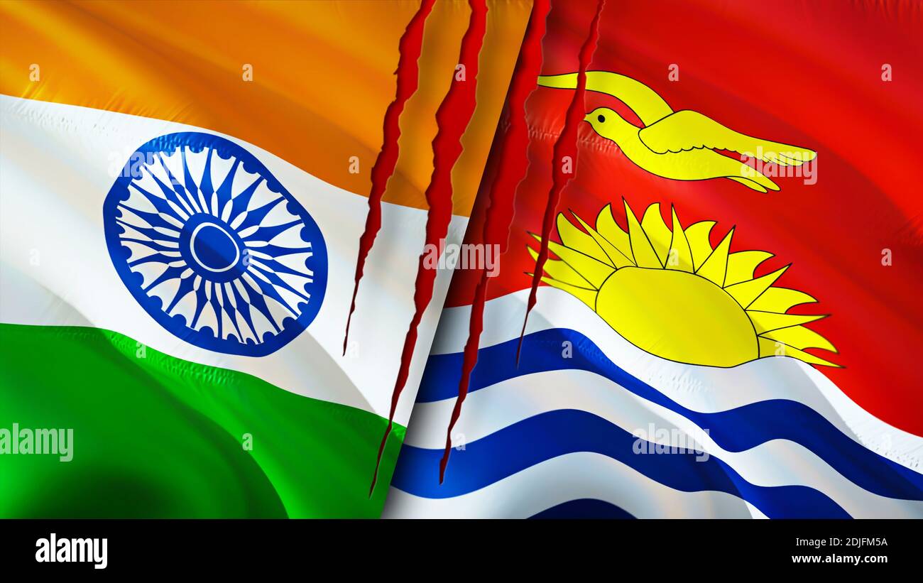 India and Kiribati flags with scar concept. Waving flag,3D rendering. India and Kiribati conflict concept. India Kiribati relations concept. flag of I Stock Photo