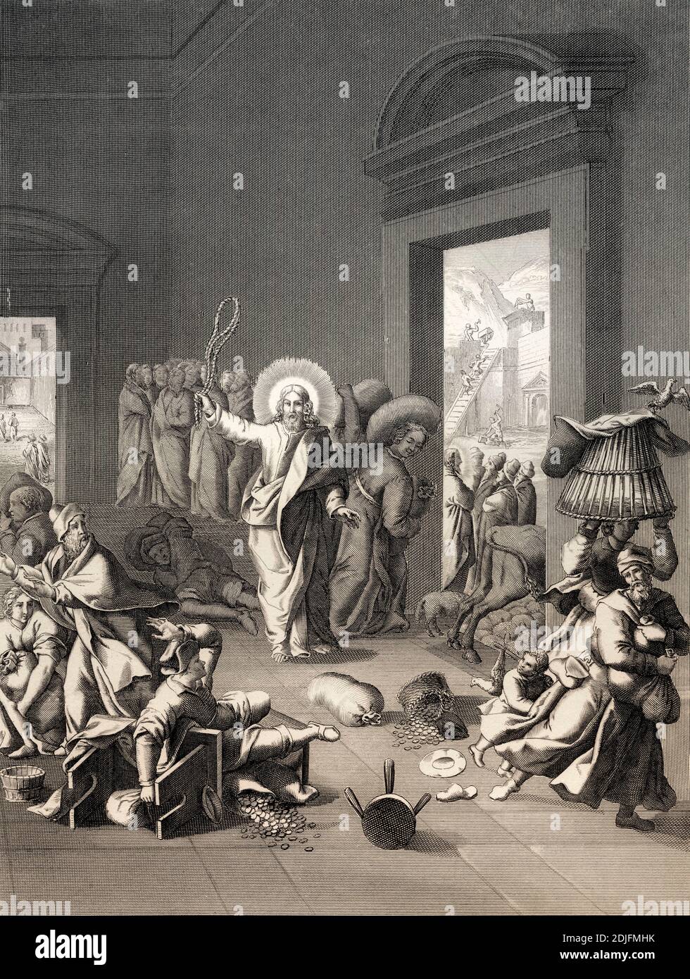 The cleansing of the Temple, New Testament, Steel engraving 1853, digitally restored Stock Photo