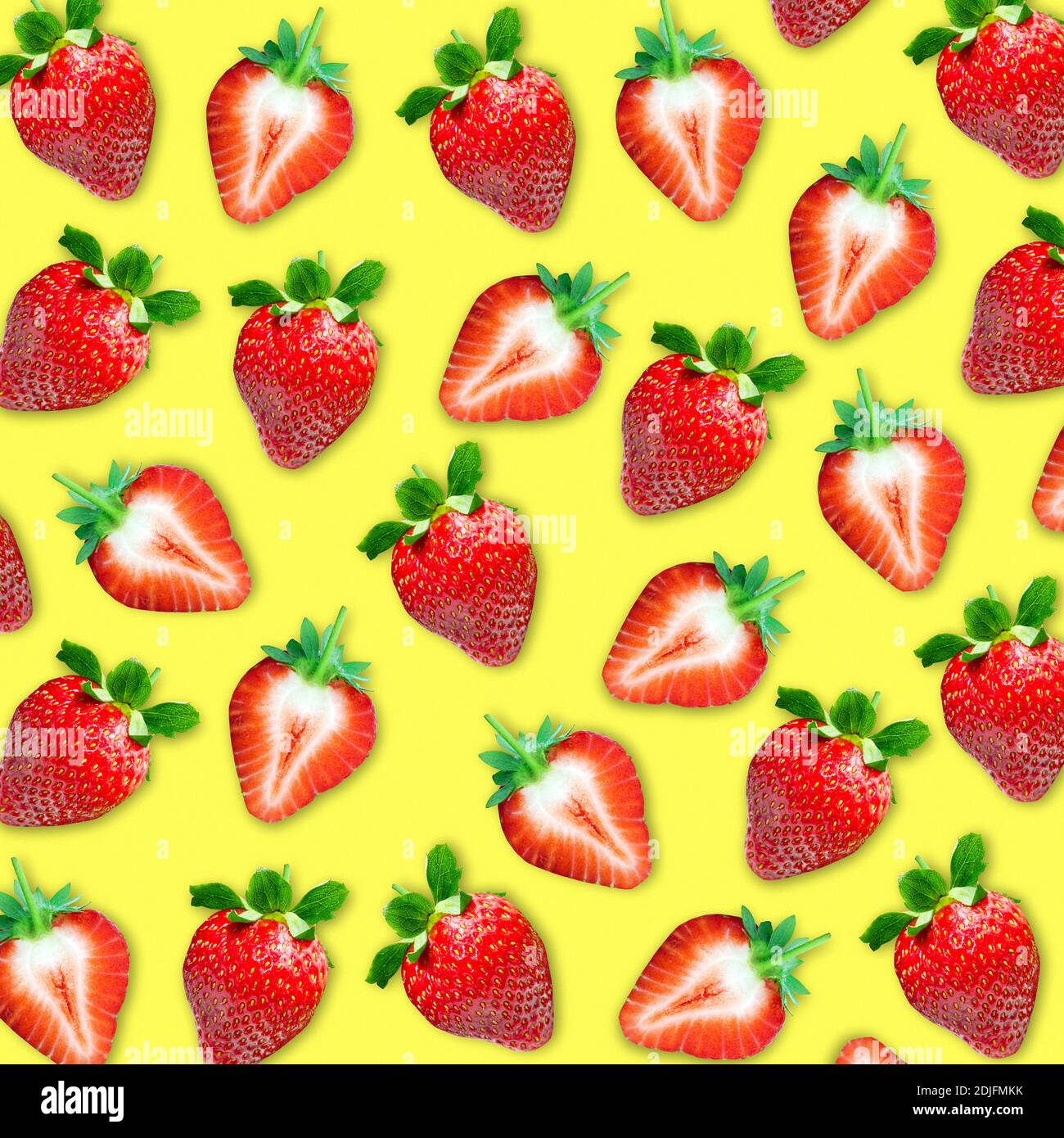 Ripe strawberry pattern on yellow background, whole strawberries and