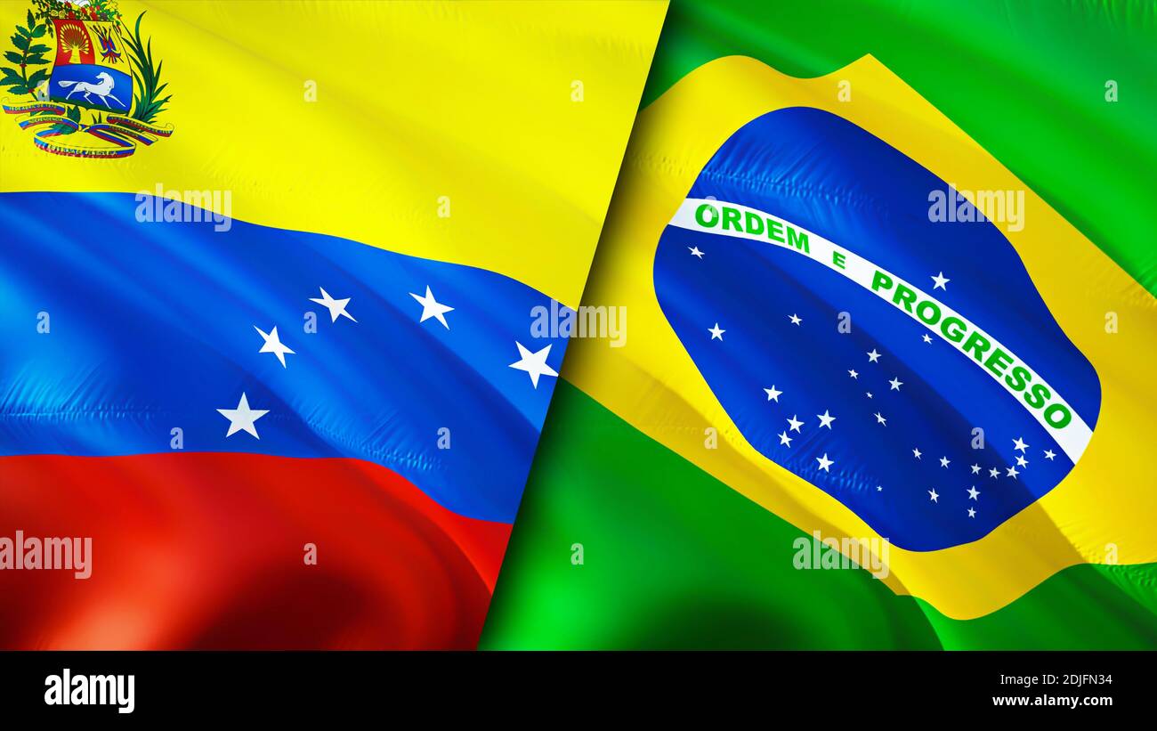 Venezuela and Brazil flags. 3D Waving flag design. Venezuela Brazil flag, picture, wallpaper. Venezuela vs Brazil image,3D rendering. Venezuela Brazil Stock Photo