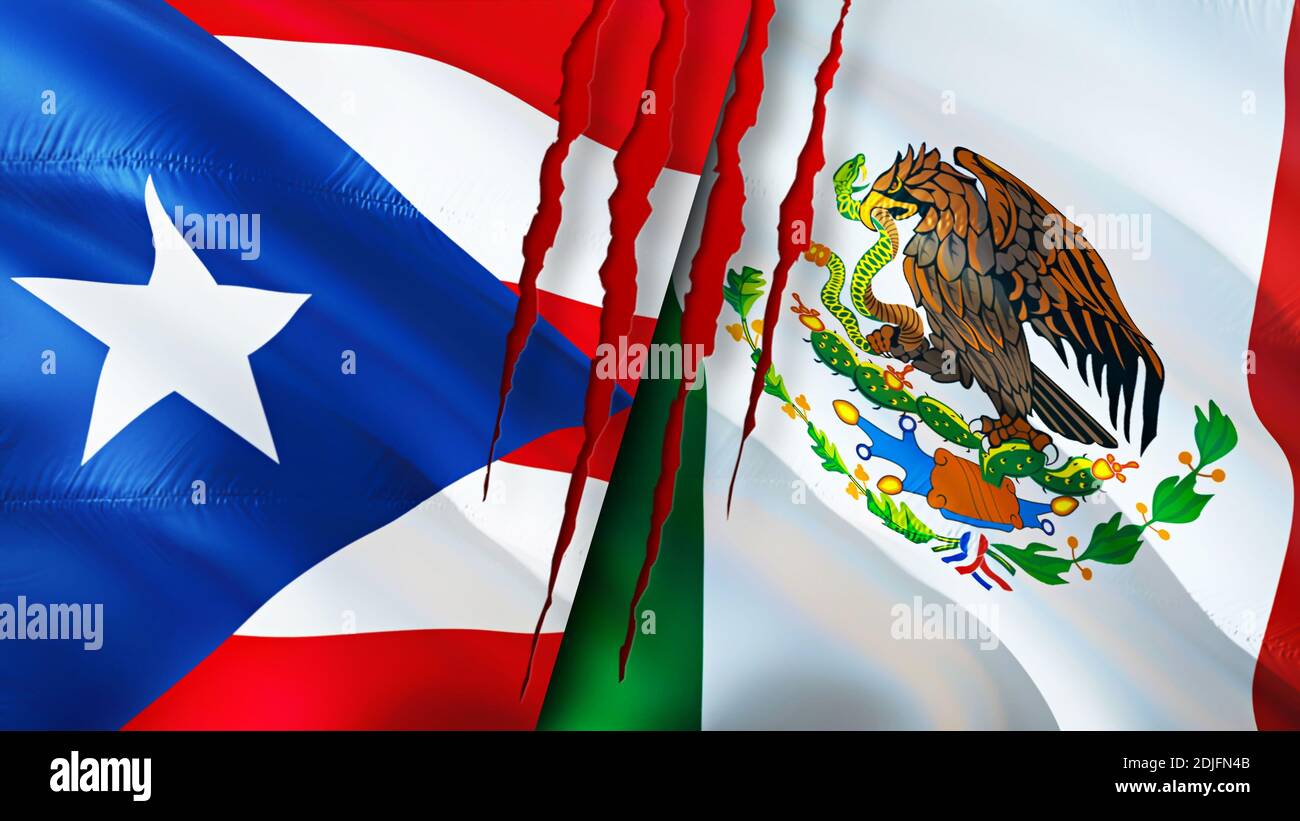 Puerto Rico and Mexico flags with scar concept. Waving flag,3D