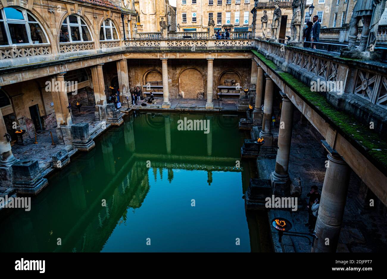 The Great Bath, the centrepiece of the Roman Bath bathing complex in Bath, viewed from the Terrace Stock Photo