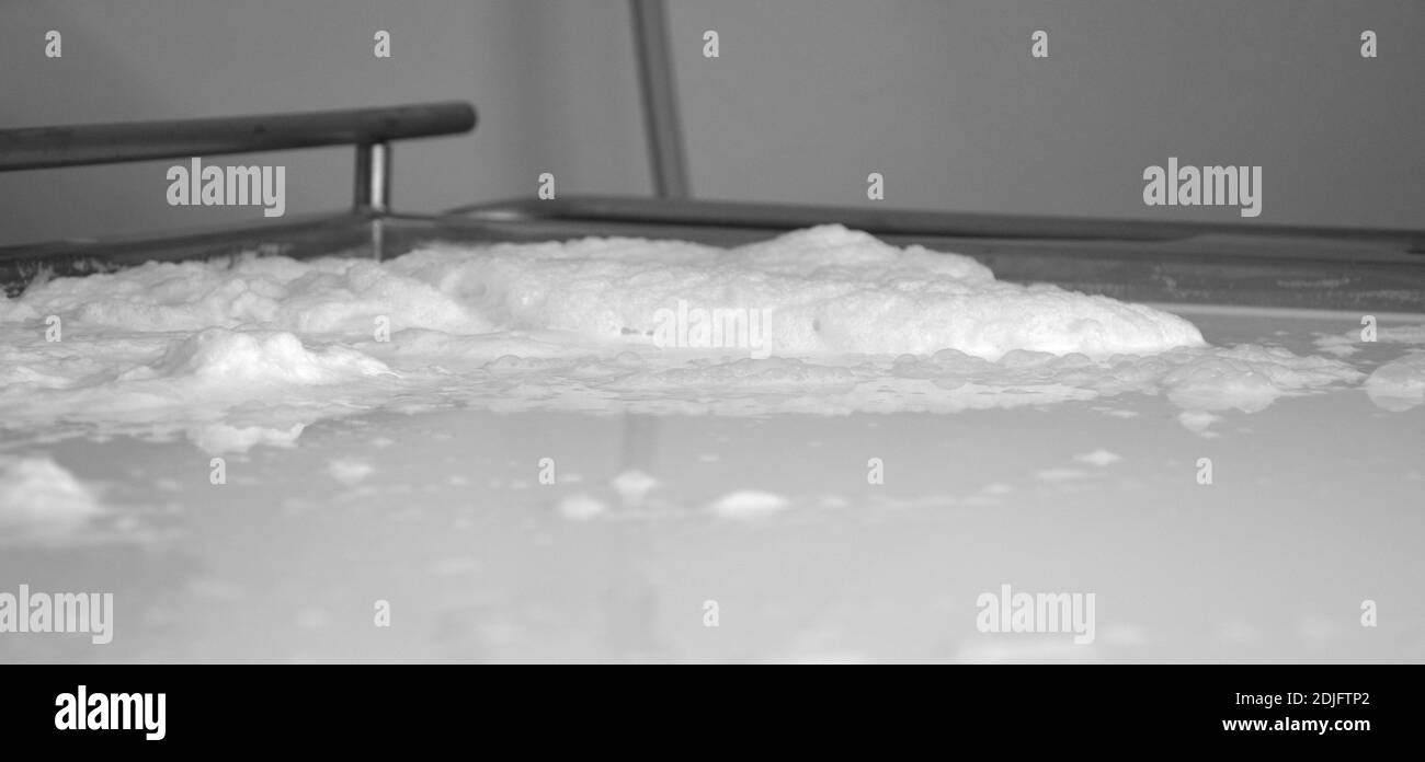 Milk foam during the heating process. Cheese making. Stock Photo