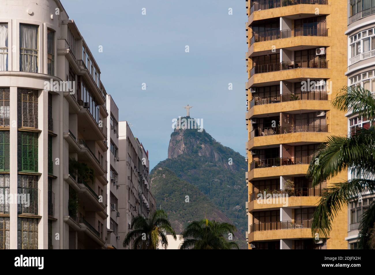 Corcovado Mountain Between Two Residential Apartment Buildings in Rio de Janeiro, Brazil Stock Photo