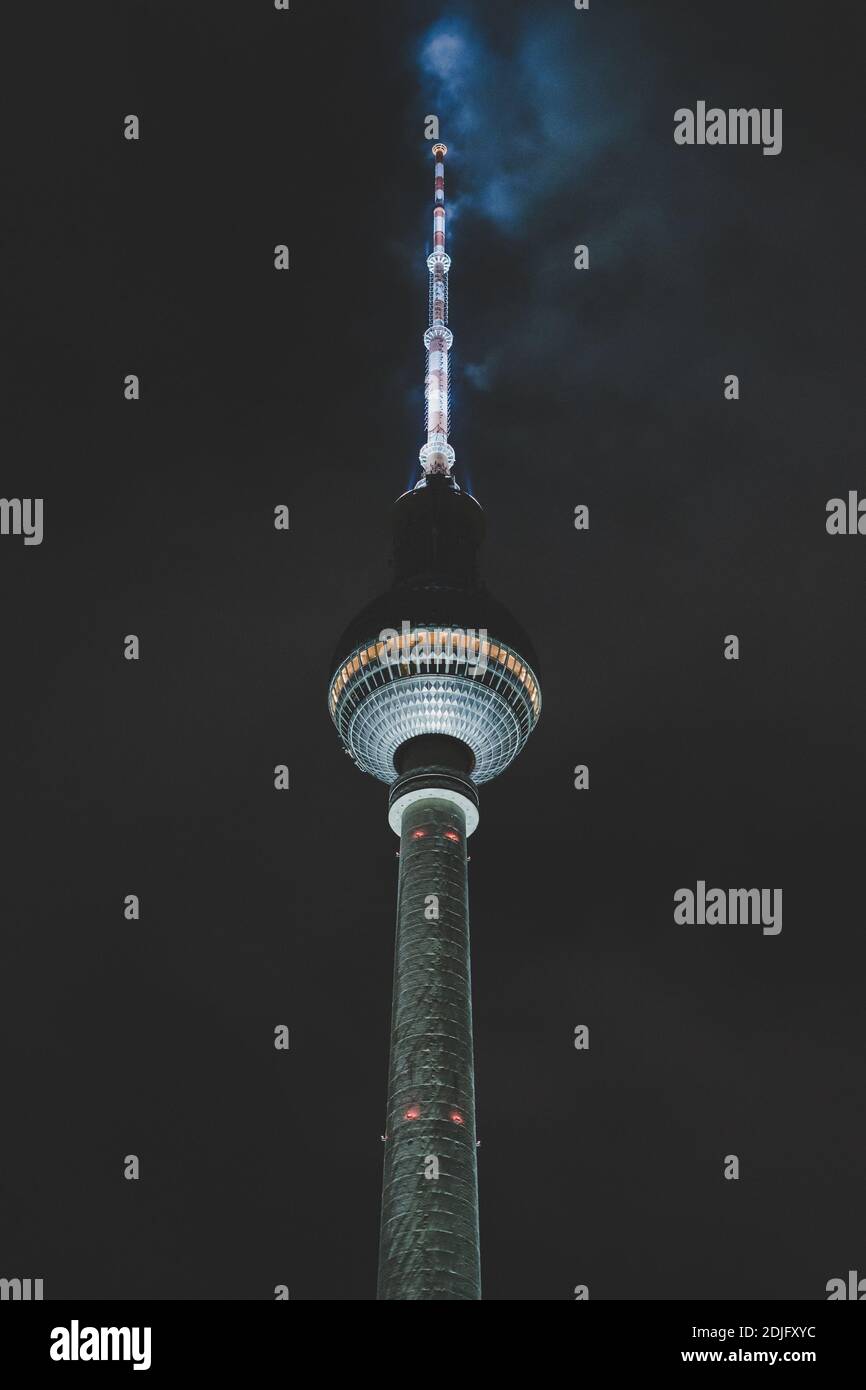 Low Angle View Of Berlin Fernsehturm At Night Stock Photo
