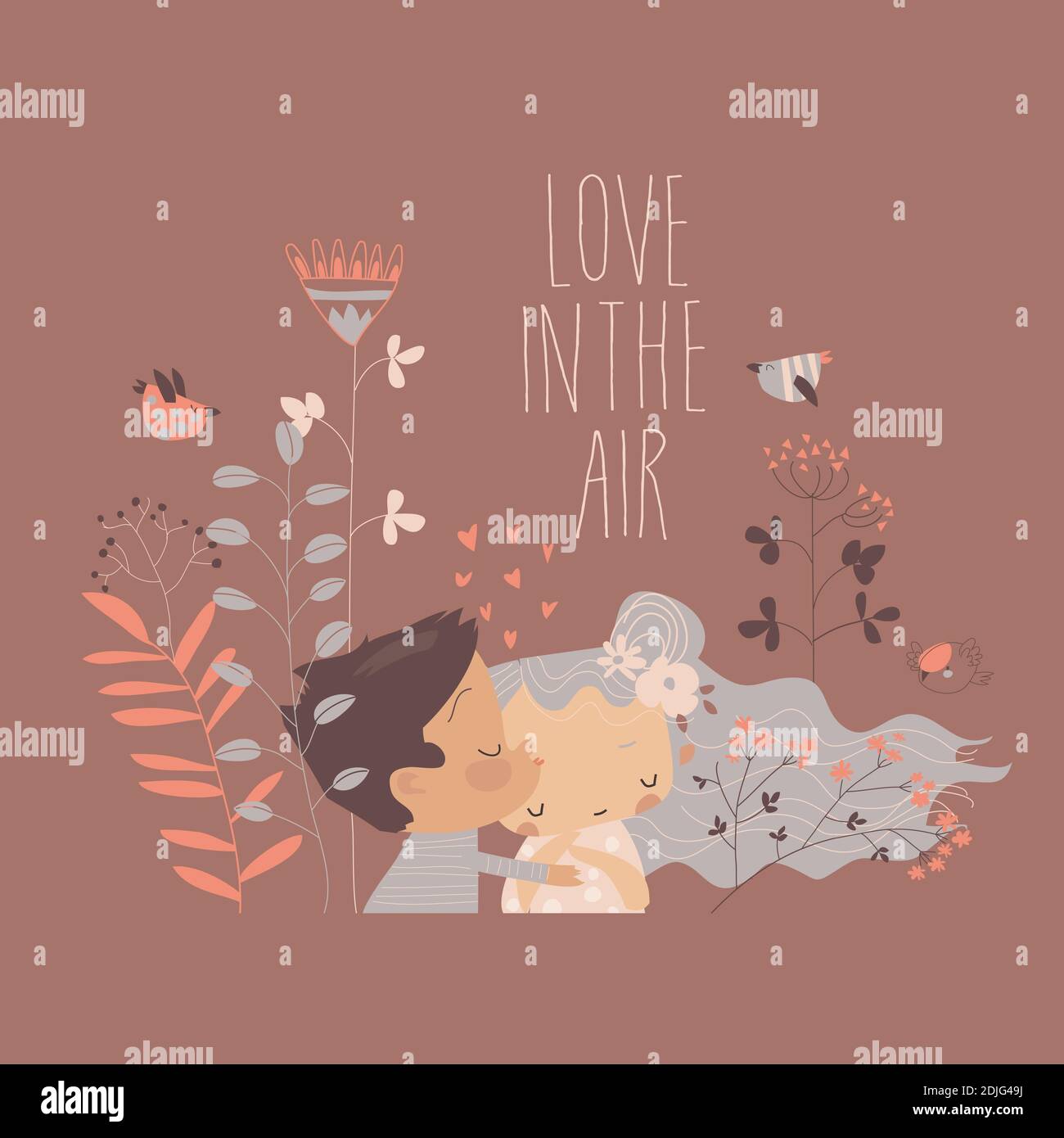 Cartoon happy couple in love kissing surrounded by flowers Stock Vector