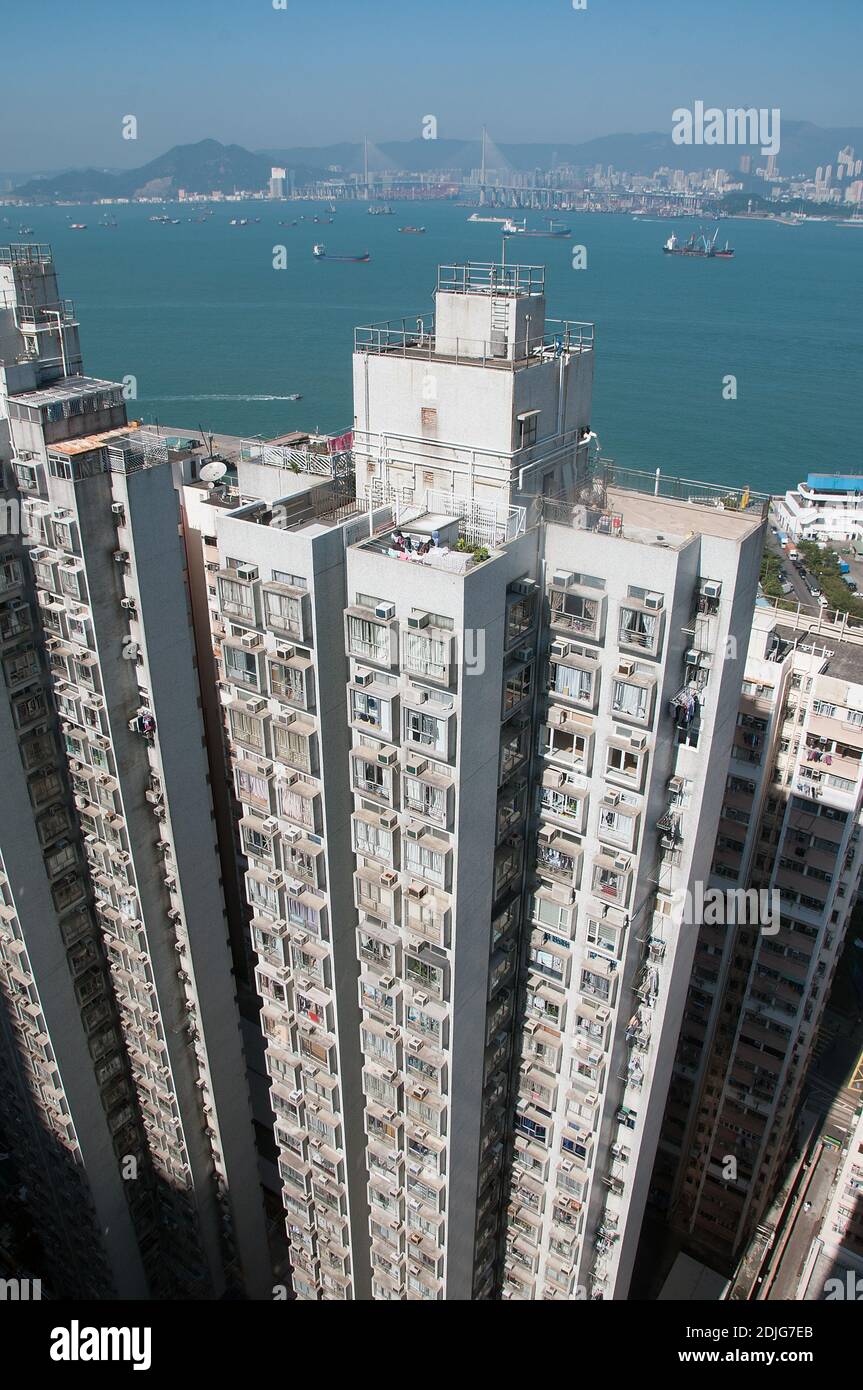 Tightlypacked highrise apartment buildings are typical of the urban Hong Kong area Stock Photo