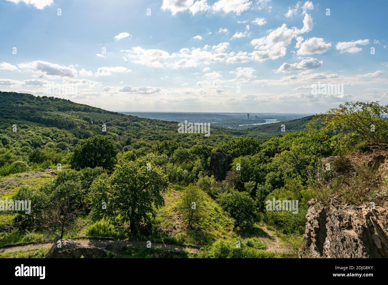 View from the top of the rock face of the Stenzelberg over Bonn and the rhine valley far to Cologne. Stock Photo