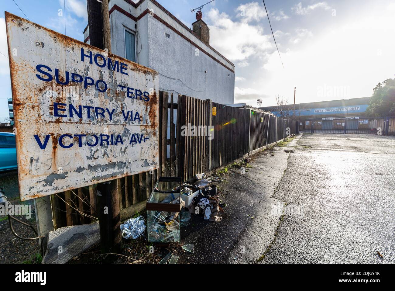 Rusting decaying sign in Fairfax Drive entrance turnstiles to Roots Hall stadium ground, home to Southend United Football Club in residential area Stock Photo