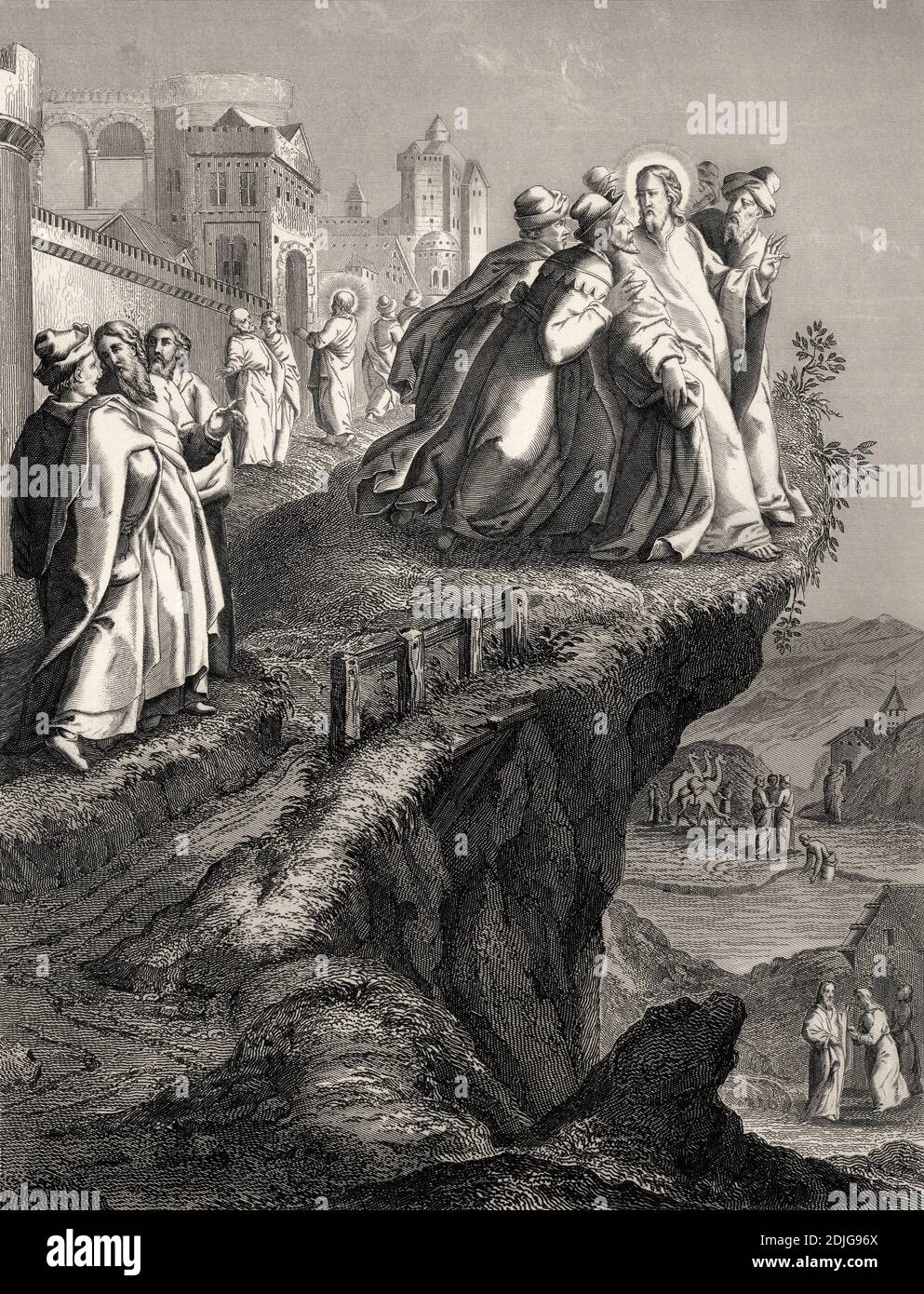 The attempt to throw Christ off a cliff, New Testament, steel engraving
