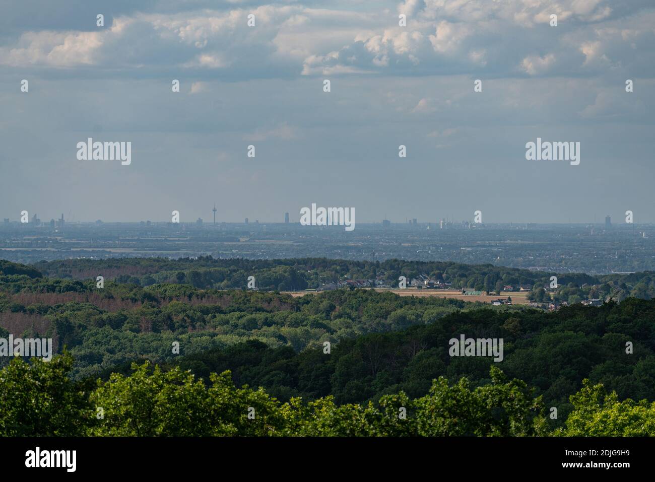 View from the top of the rock wall of the Stenzelberg far to Cologne. Stock Photo