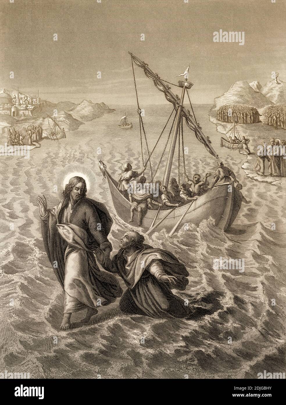 Jesus walking on the water, New Testament, steel engraving 1853, digitally restored Stock Photo