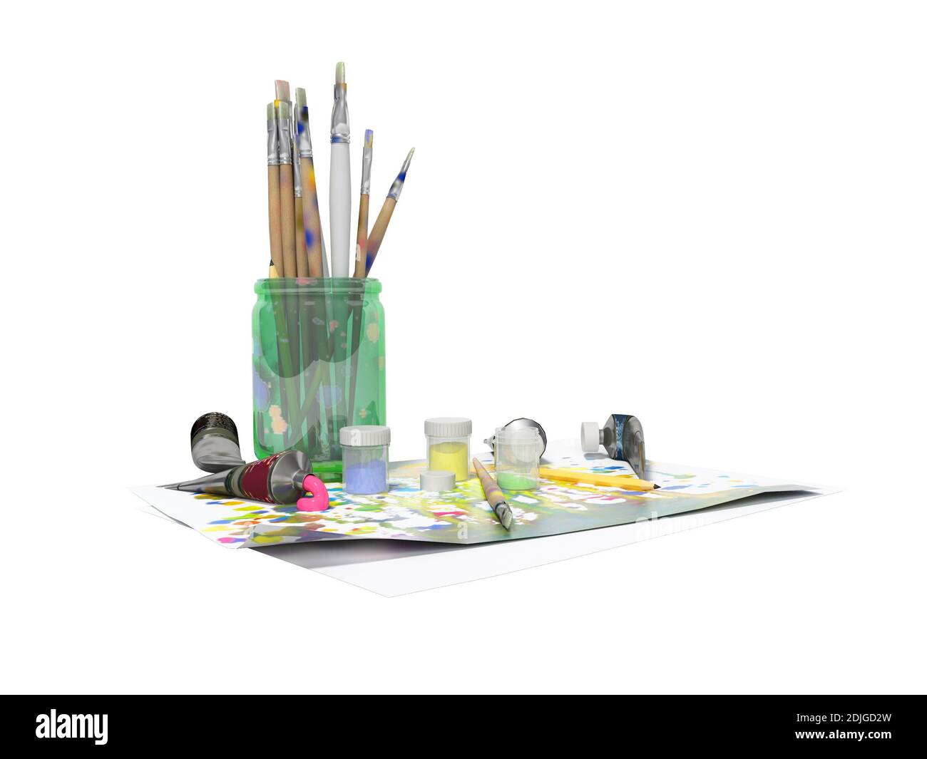 3d rendering set for drawing with paints on white background no shadow ...