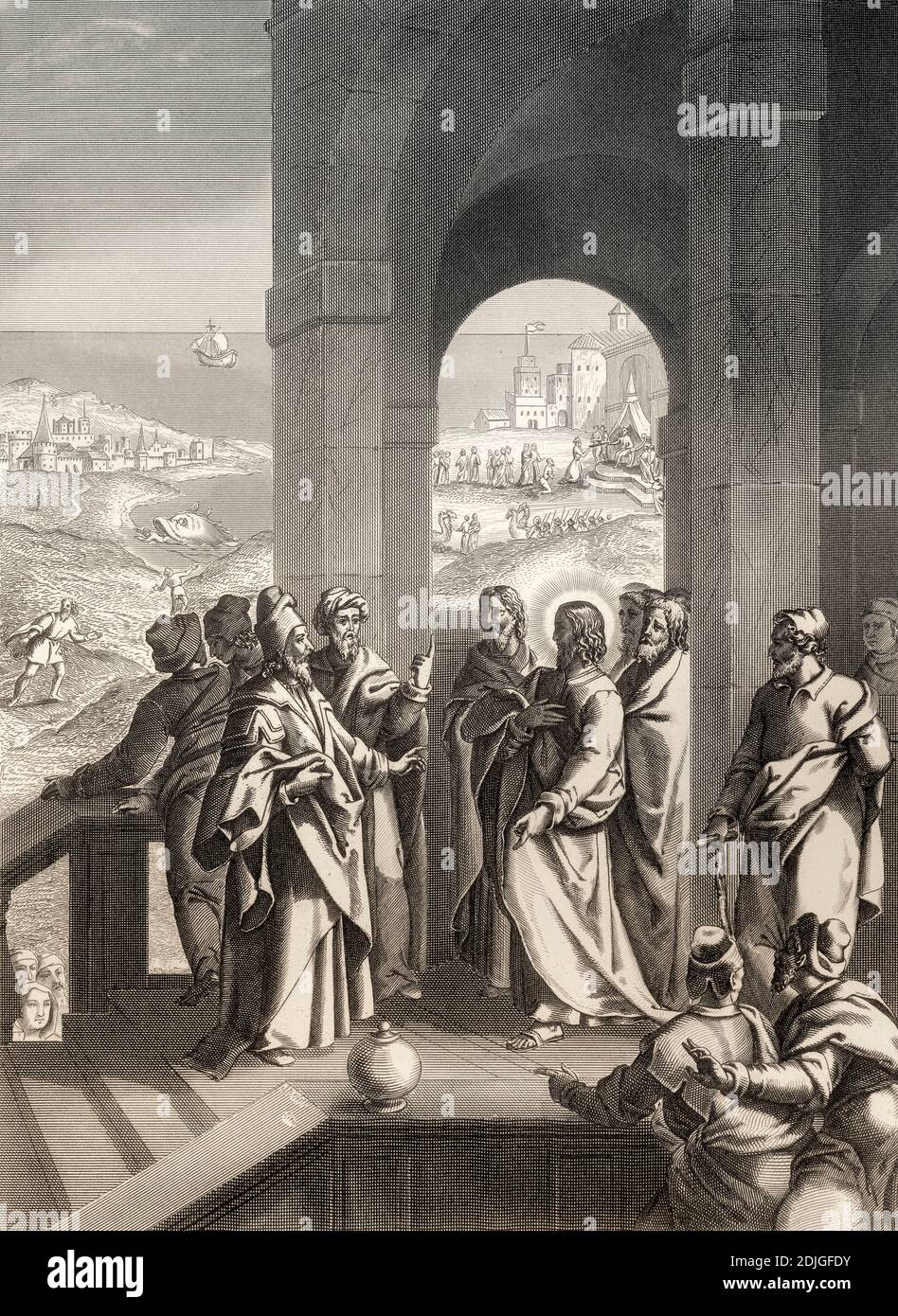 The Pharisees seeking a sign from Jesus, New Testament, steel engraving 1853, digitally restored Stock Photo