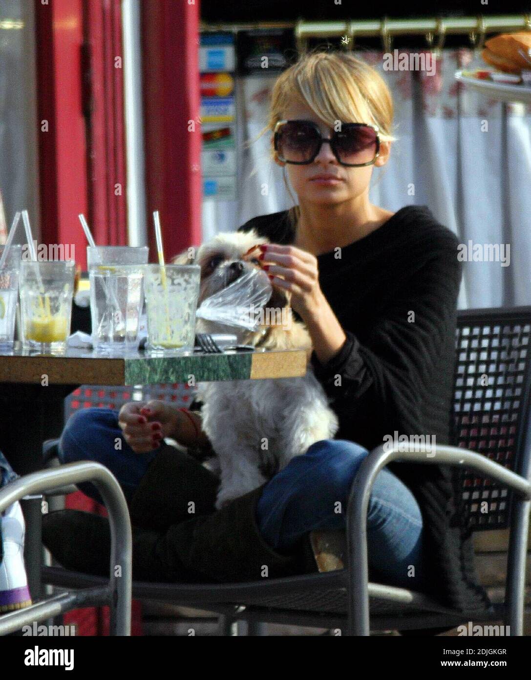 Exclusive!! Nicole Richie takes her two dogs Foxy Cleopatra and Honey Child along for lunch with her friends at La Conversacion in Beverly Hills, Ca. Richie spent most of the meal fussing over her two pooches, petting and feeding them. 1/29/06 Stock Photo