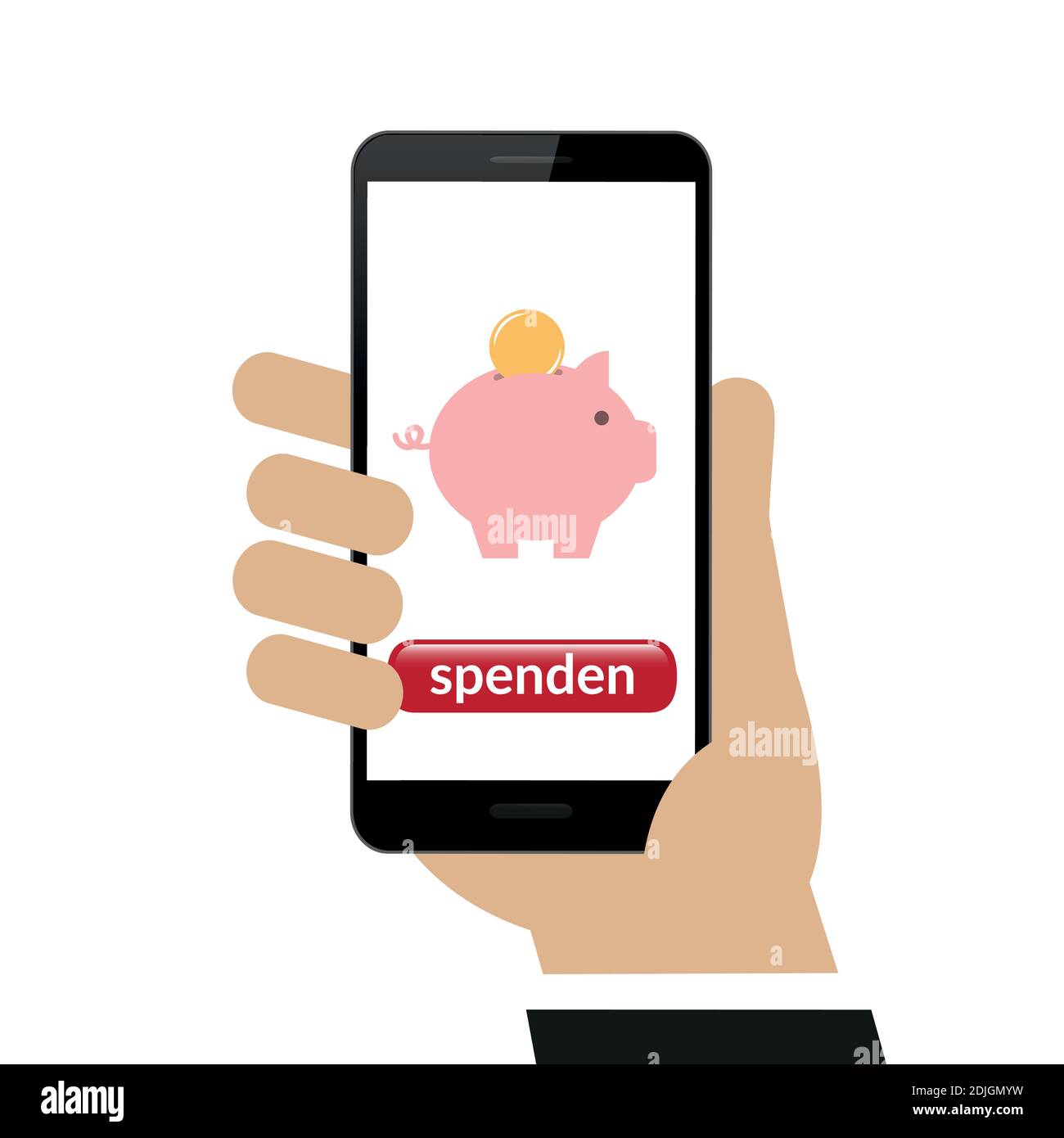 hand holds smartphone with piggy bank donate isolated on white background vector illustration EPS10 Stock Vector