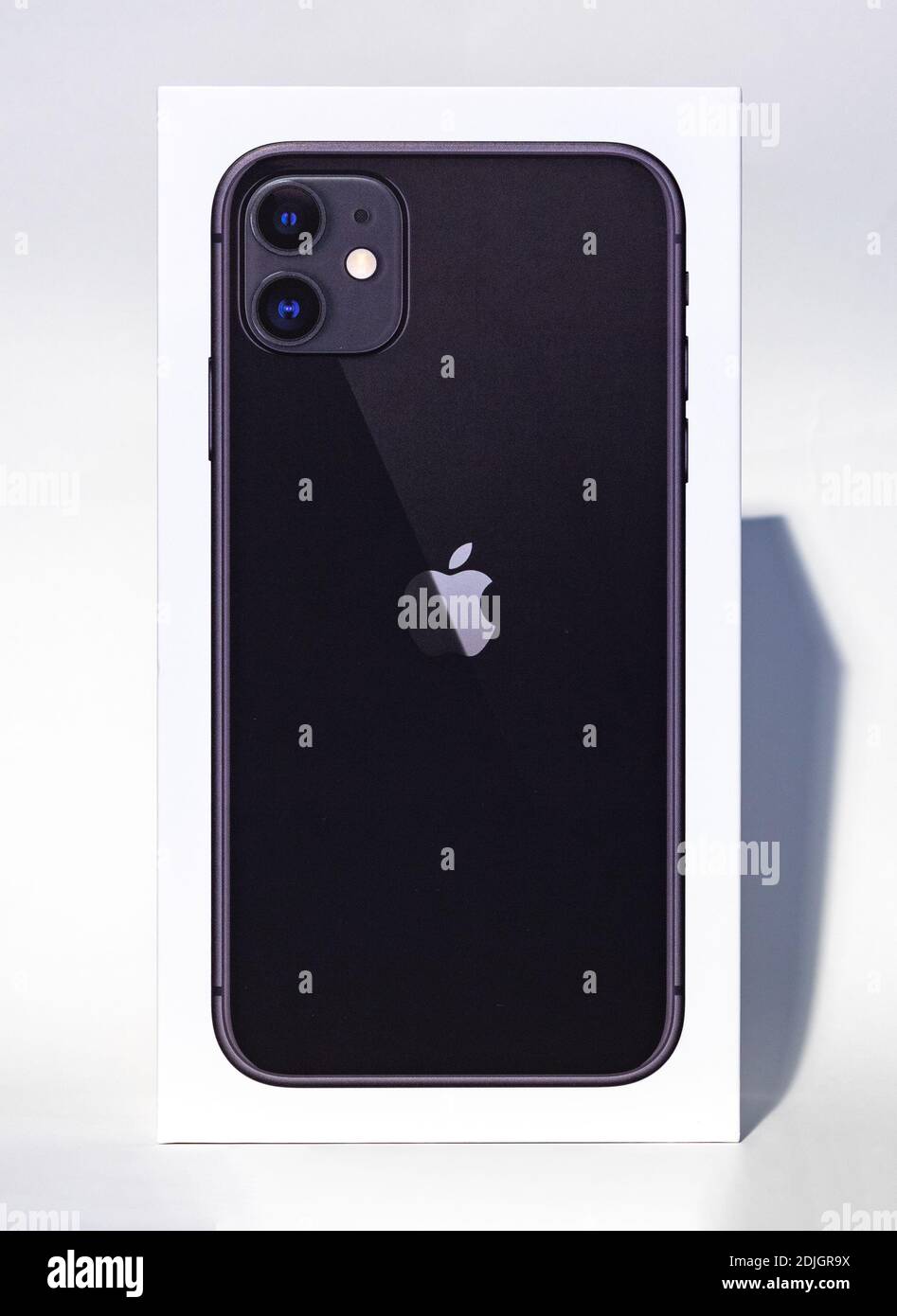 A picture of the Apple iPhone 11 box as seen from the front. Stock Photo