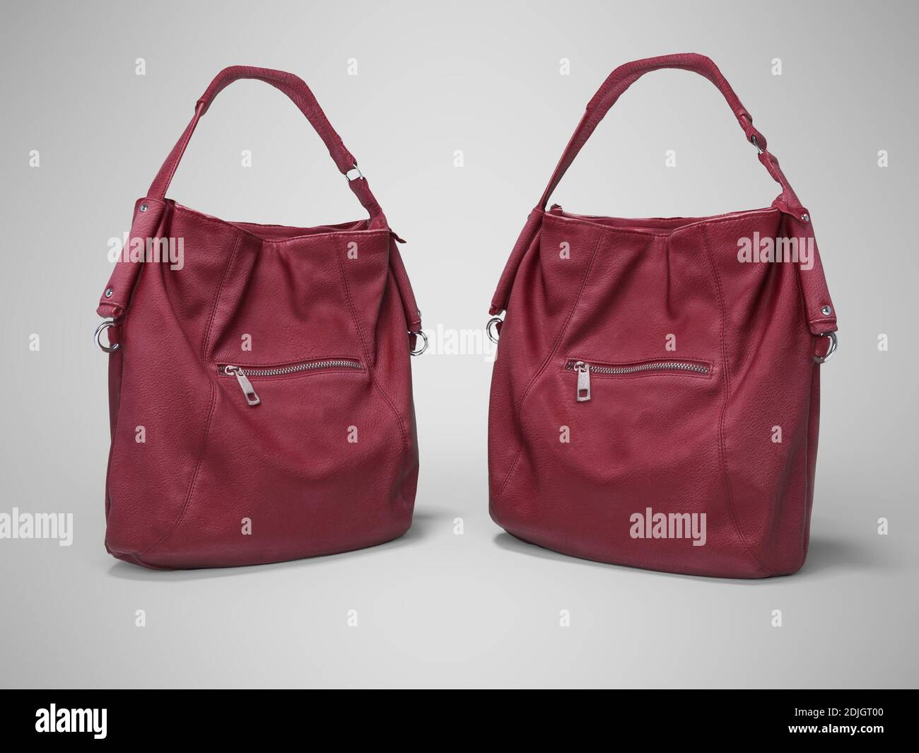 3D rendering two red bags for sale front view on gray background with
