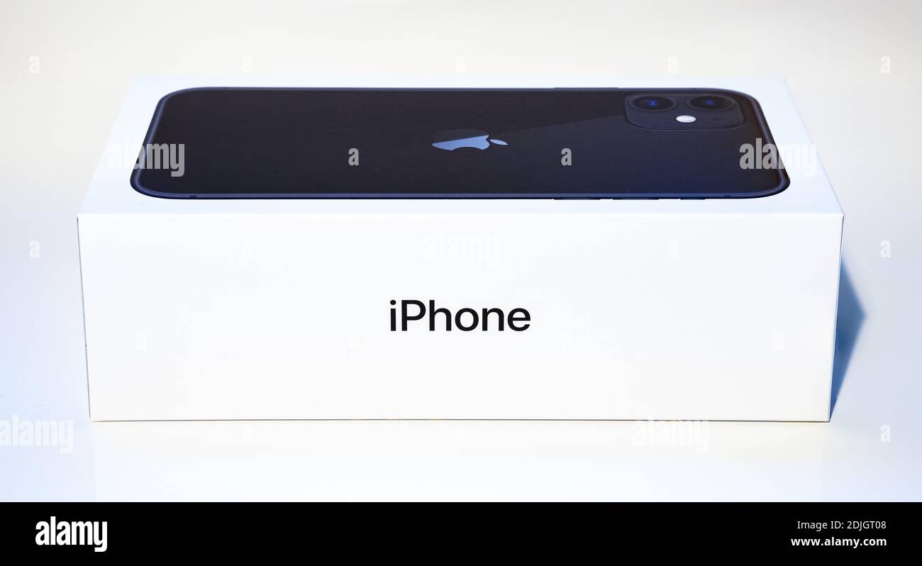 A picture of the Apple iPhone 11 box as seen from the side. Stock Photo
