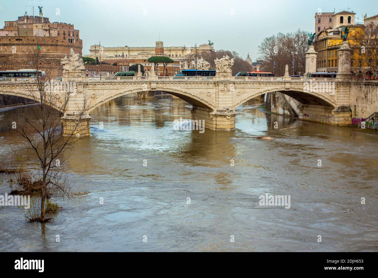 Victor Emmanuel II Bridge .  Tiber river and Castel Sant'Angelo in left up corner.  Soon Springtime Stock Photo