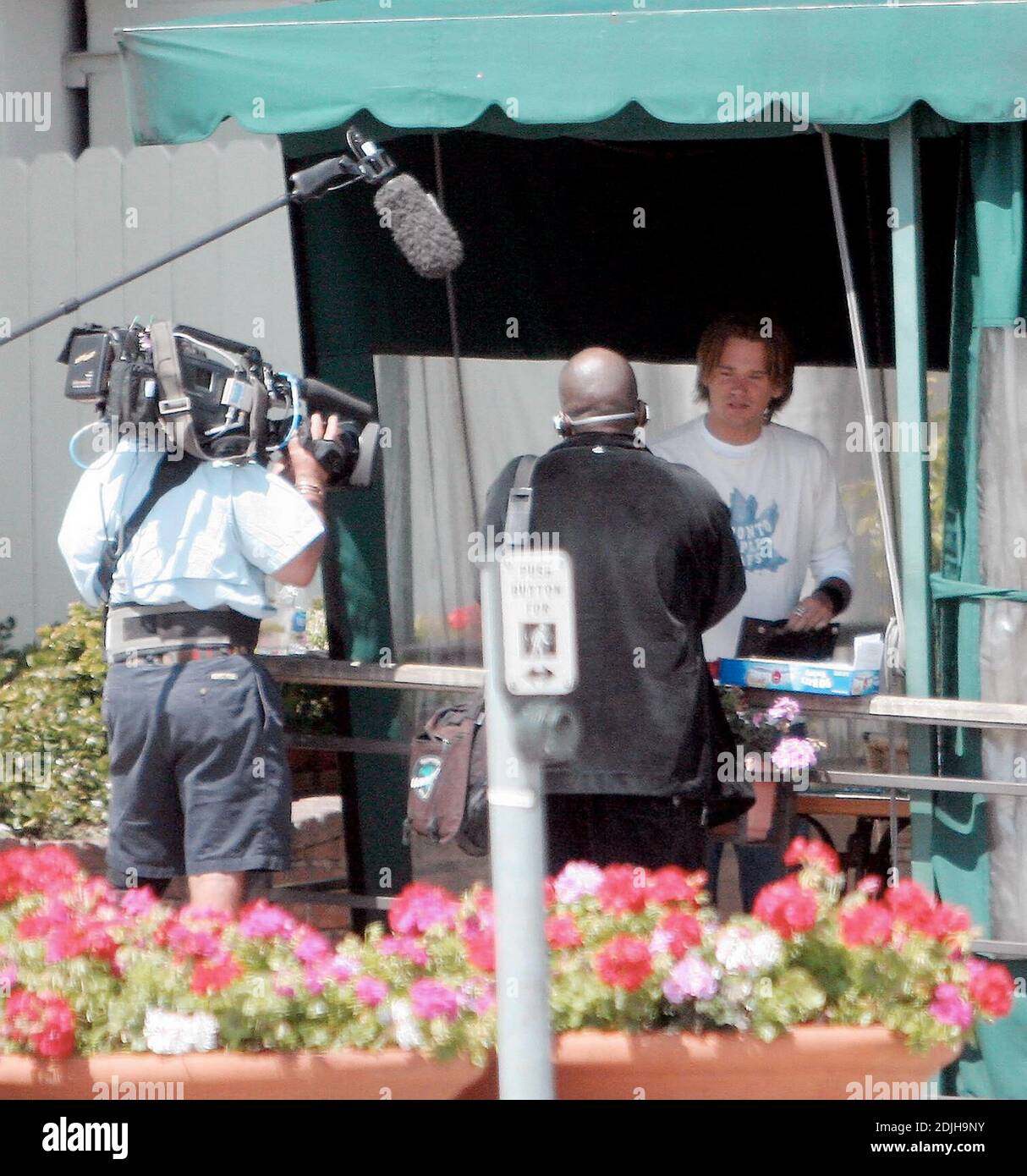 Exclusive!! Sean Stewart  filming  for a pilot show for A&E who are putting together a show that follows showbiz kids Sean Stewart, Randy Spelling,  and budding talent agent Dave Weintraub as they move out of their parents  homes and try life as roomies.Ó Cafe Med, West Hollywood, Ca. 4/15/06 Stock Photo