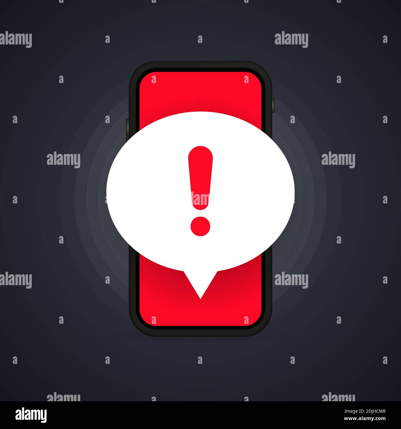 Mobile phone screen with a warning about spam, secure connection, fraud, virus. Phone alarm notice and new message. Danger error alerts, computer Stock Vector