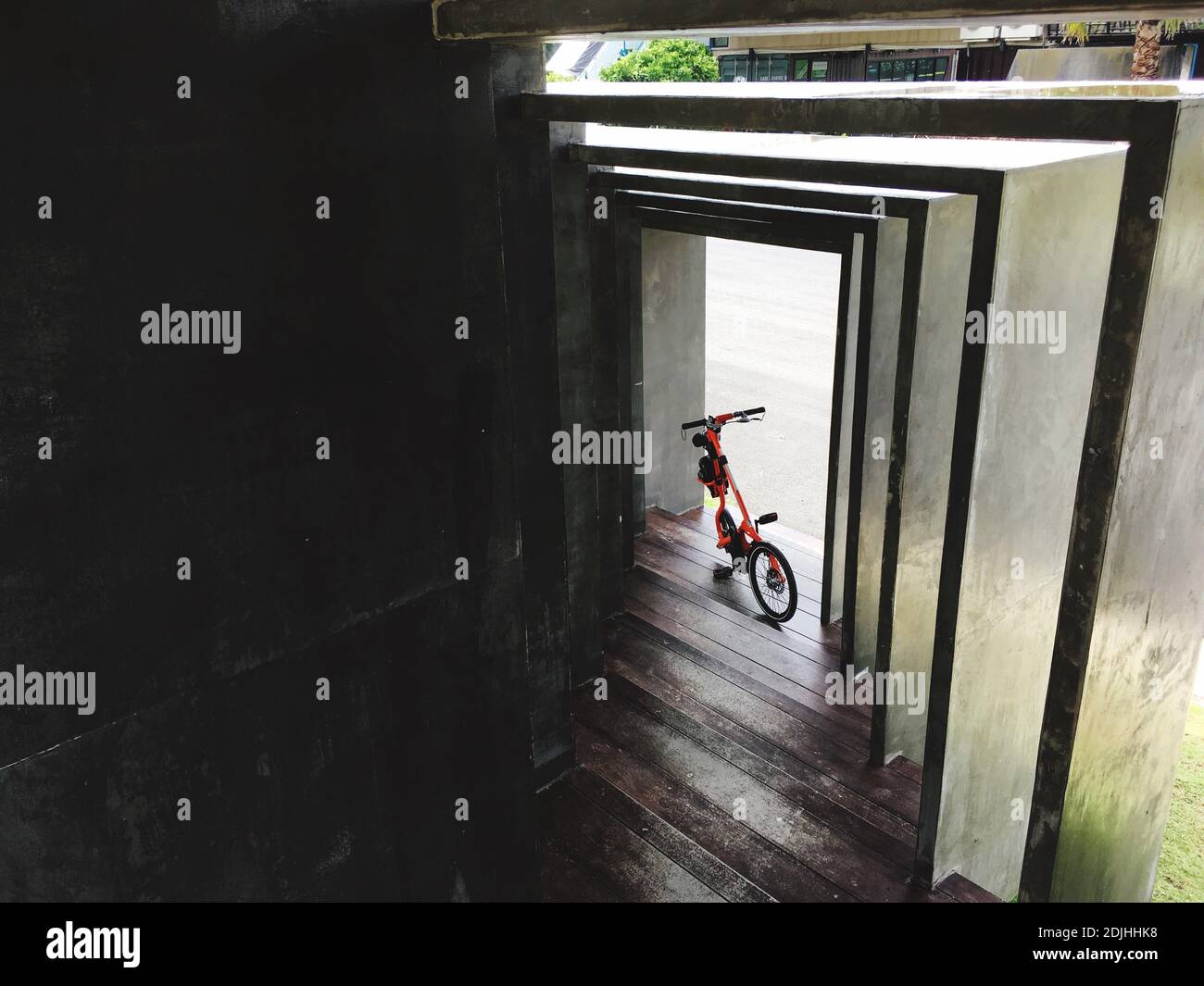 High Angle View Of Bicycle In Corridor Stock Photo