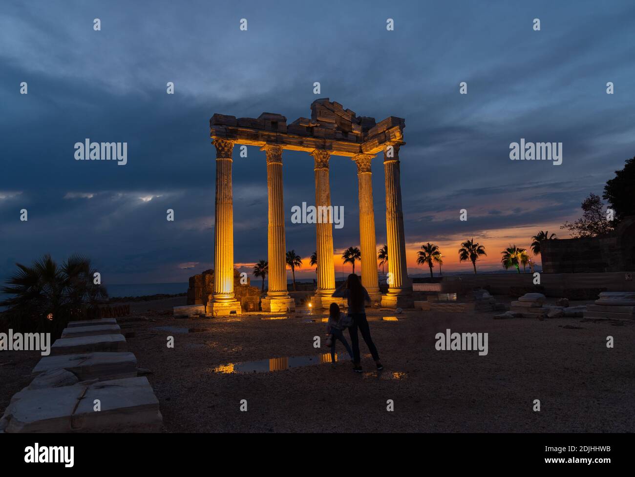 Temple of Apollo at sunset, Greek ancient historical antique marble columns in Side Antalya Turkey Stock Photo