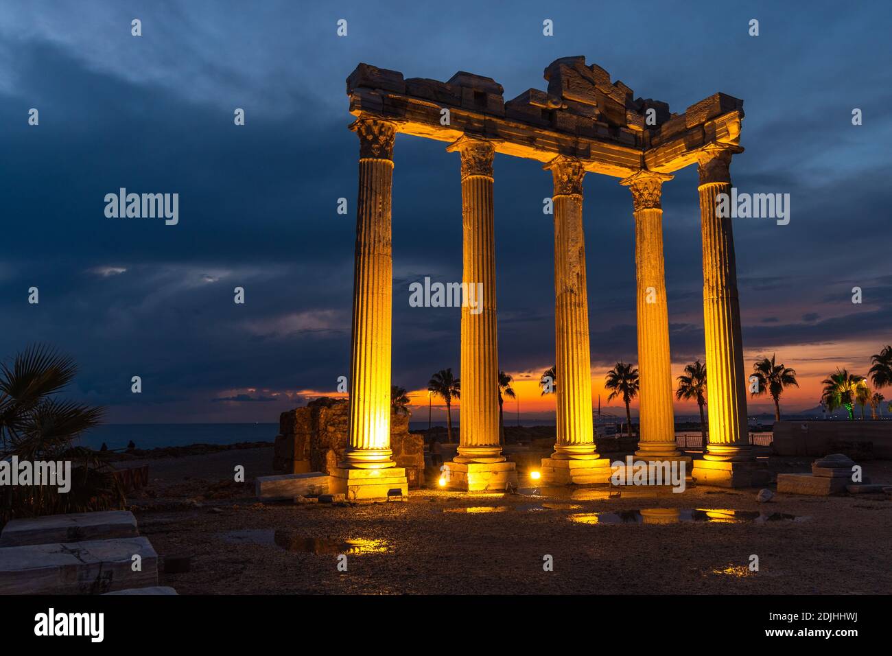 Temple of Apollo at sunset, Greek ancient historical antique marble columns in Side Antalya Turkey Stock Photo