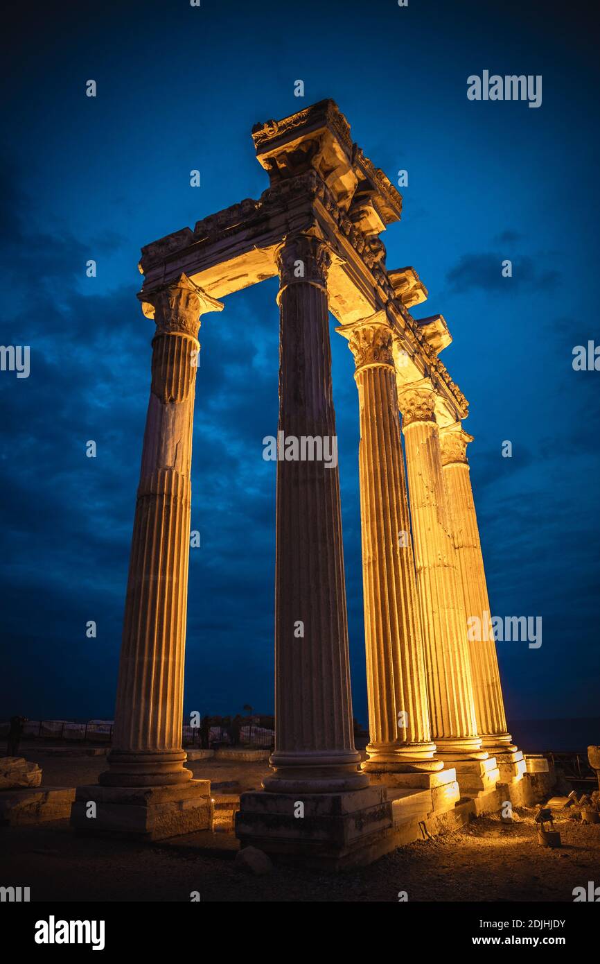 Temple of Apollo at sunset, Greek ancient historical antique marble columns in Side Antalya Turkey Stock Photo