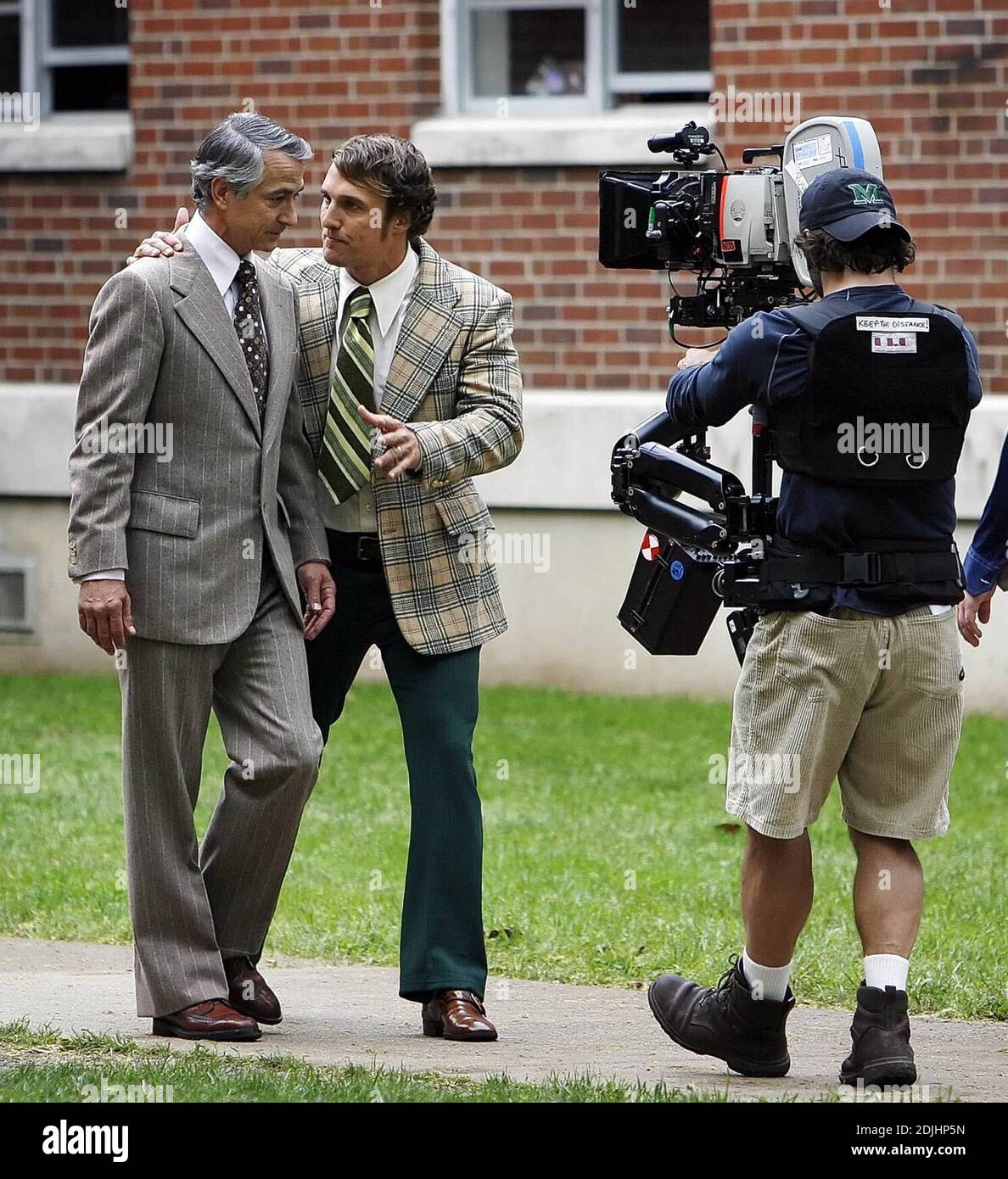 Actor Matthew McConaughey is quickly becoming a hometown boy while he films 'We Are Marshall' in Hungtinton, W. Va. Governor Joe Manchin names him an honorary Virginian while poking fun at the actor's incredibly outdated seventies costume, complete with rabbit's foot keychain and green socks.  Other honorary roles outside the set include coaching the Marshall team. 4/24/06 Please byline Randy Snyder/The Herald-Dispatch. Stock Photo