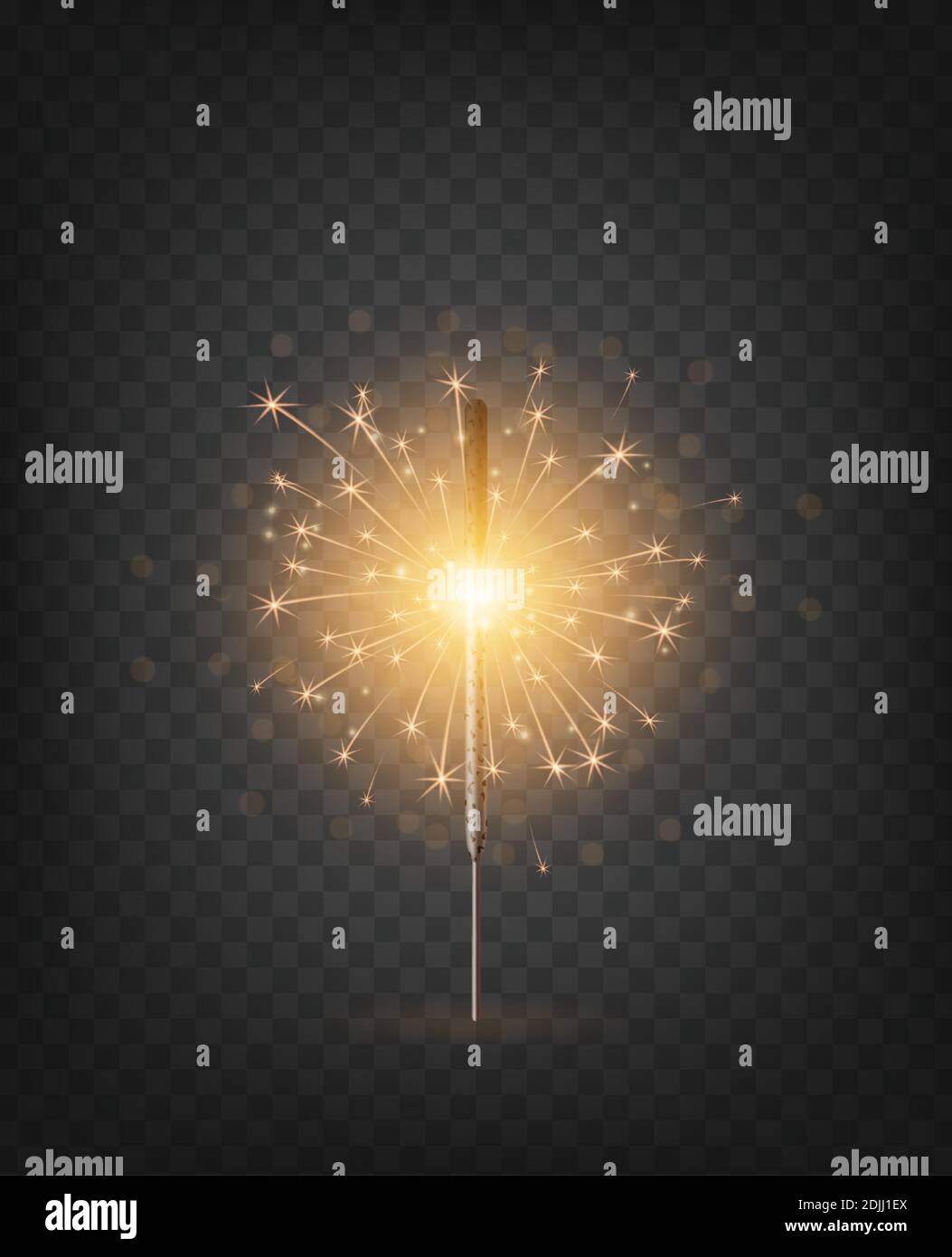 Christmas New Year bengal light. Realistic golden sparkler light isolated on transparent background. Festive bright firework. Fun decorations for Stock Vector