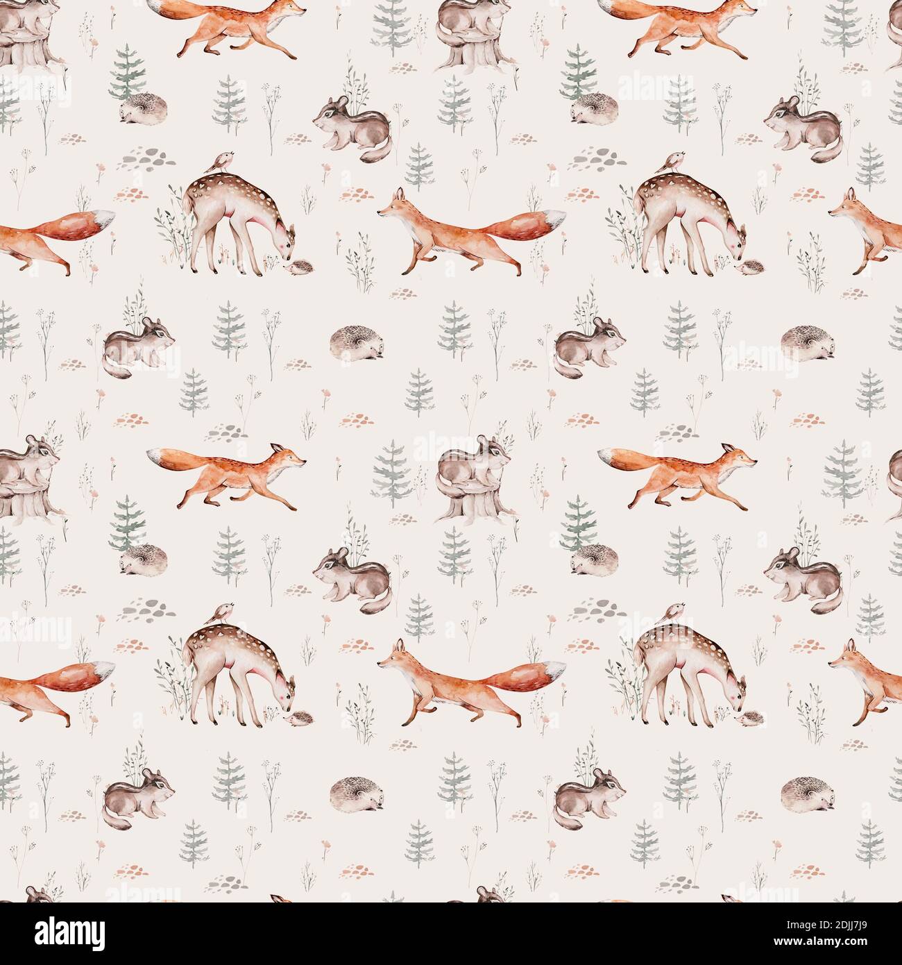 Watercolor Woodland Animal Scandinavian Seamless Pattern Fabric Wallpaper  Background with Owl Hedgehog Fox and Stock Image  Image of hare baby  204840097