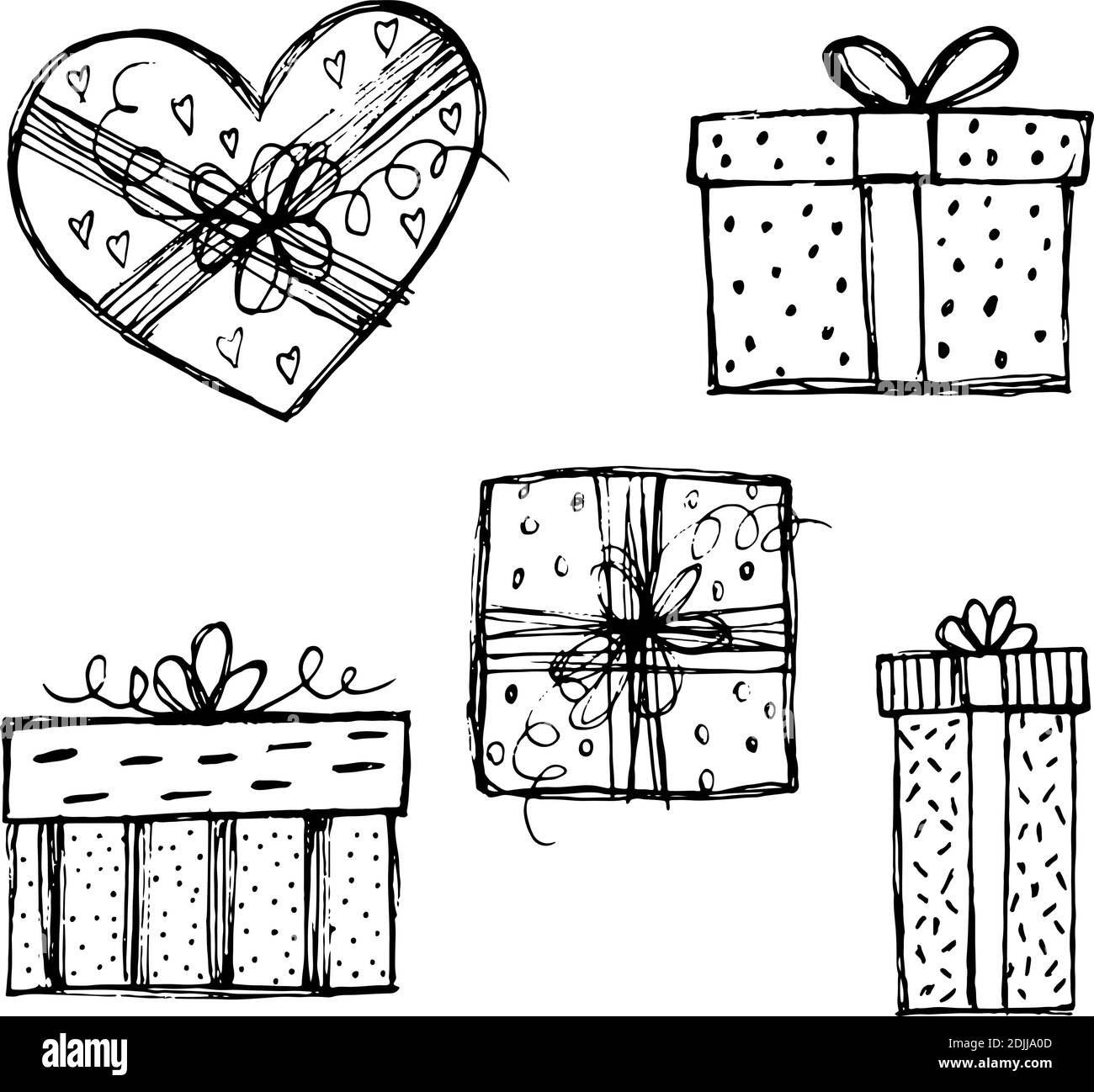 Hand drawn collection with gift boxe sketches on white background. Xmas celebration. Holiday present. New year and st. Valentines day gift surprise. F Stock Vector