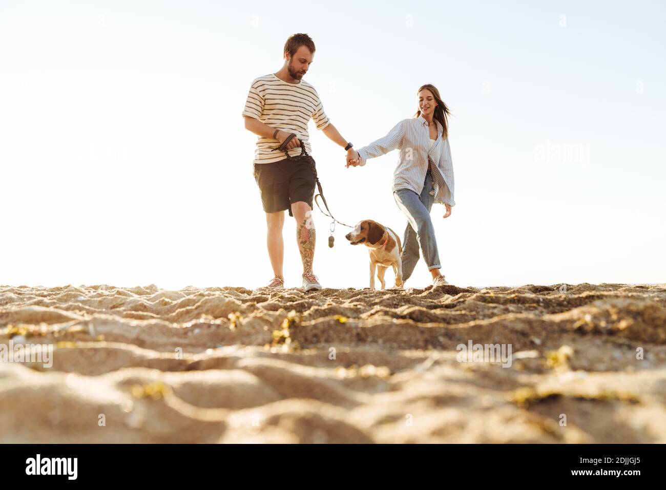 Photo of a young amazing loving couple with dog outside at the beach ...