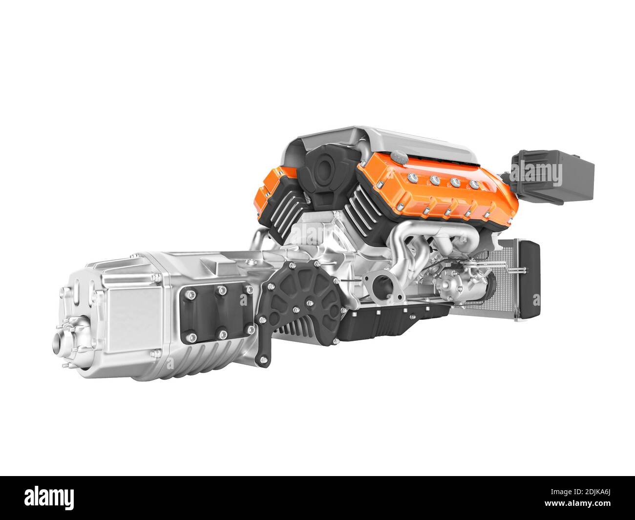 Engine for car assembly with gearbox rear view 3D render on white ...