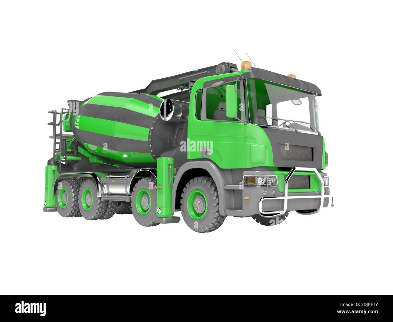Green truck concrete mixer with conveyor belt 3D rendering on white