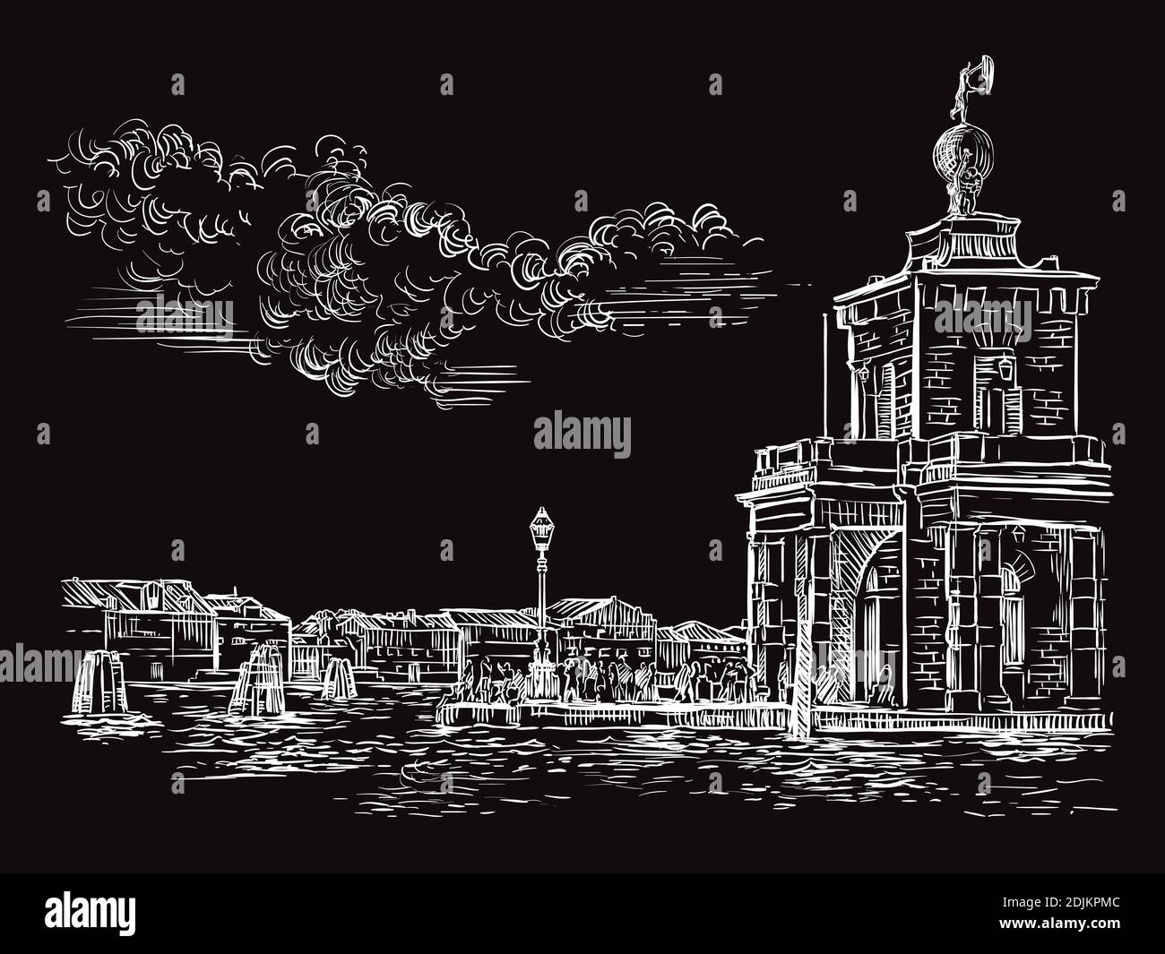 Vector hand drawing sketch illustration of Della Dogane Punta in Venice. Venice skyline hand drawn sketch in white color isolated on black background. Stock Vector