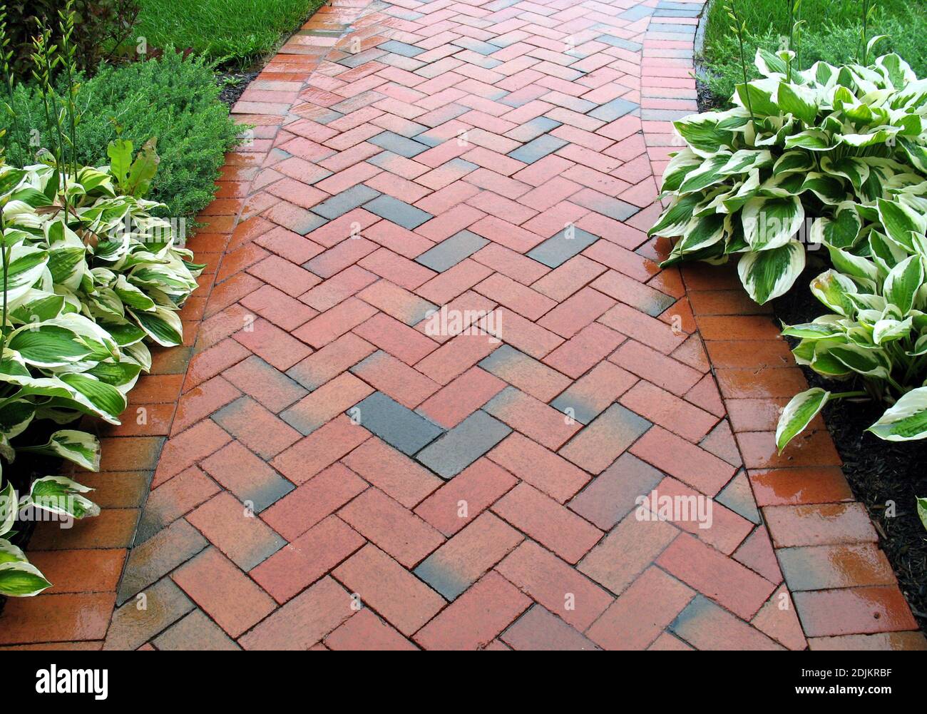 Brick path winding through a beautiful garden. Stock Photo
