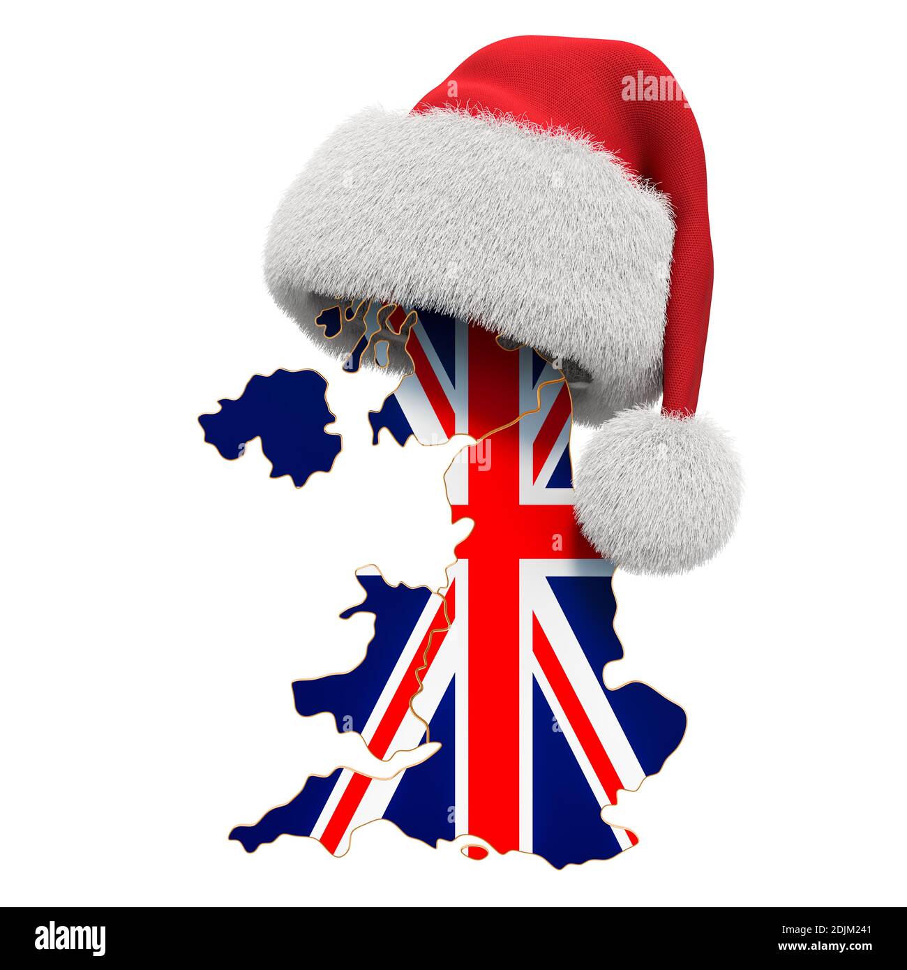 British map with red Santa hat. New Year and Christmas holidays concept