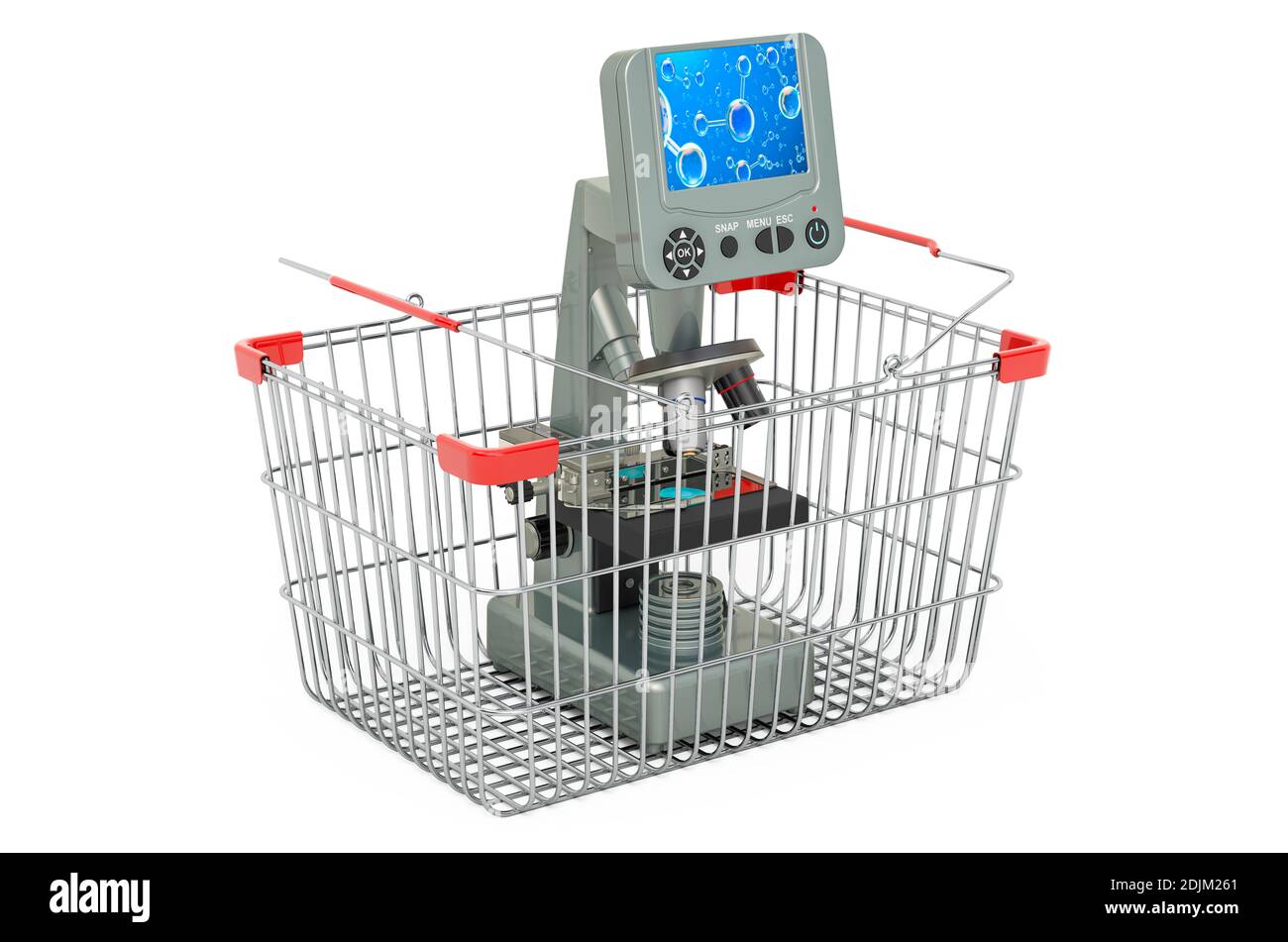 Shopping basket with digital modern microscope with screen, 3D rendering isolated on white background Stock Photo