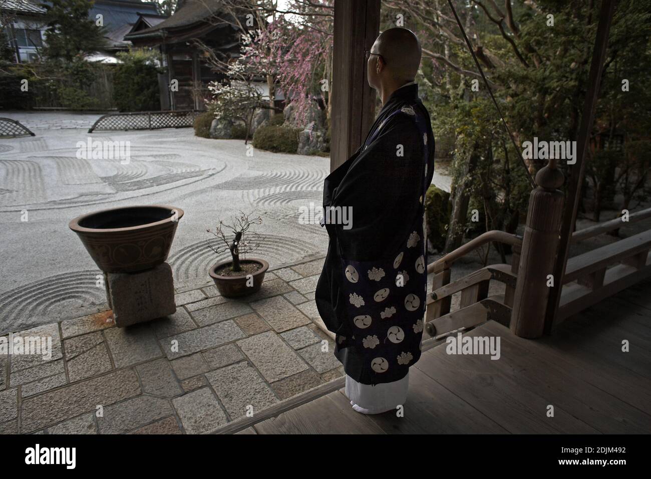 Japan/Wakayama prefecture/Koyasan/Rengejoin Temple/Buddhist Monk looking into Rock garden in Koyasan . Stock Photo