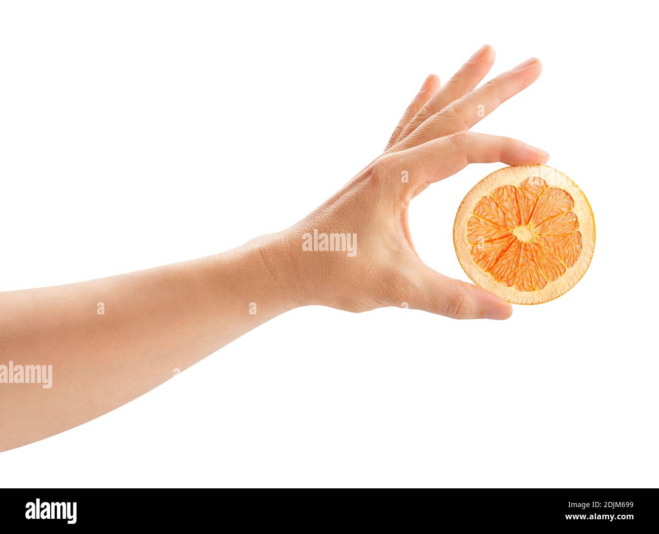 grapefruit chips in hand path isolated on white Stock Photo