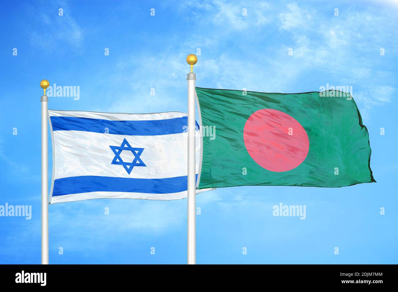 Israel and Bangladesh two flags on flagpoles and blue cloudy sky Stock ...
