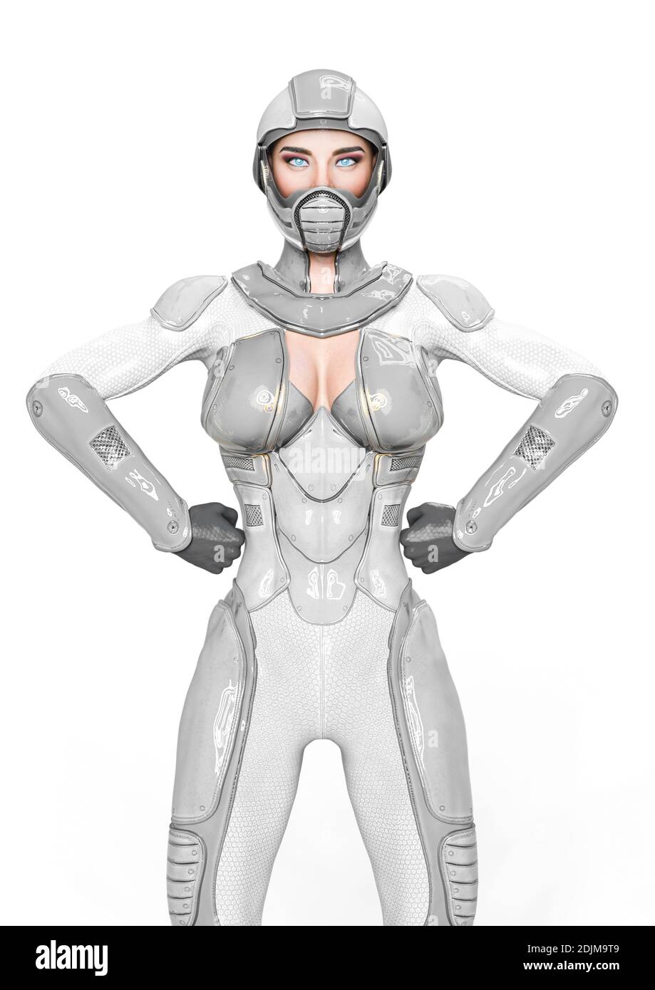 comic woman in a sci fi outfit doing a power pose, 3d illustration