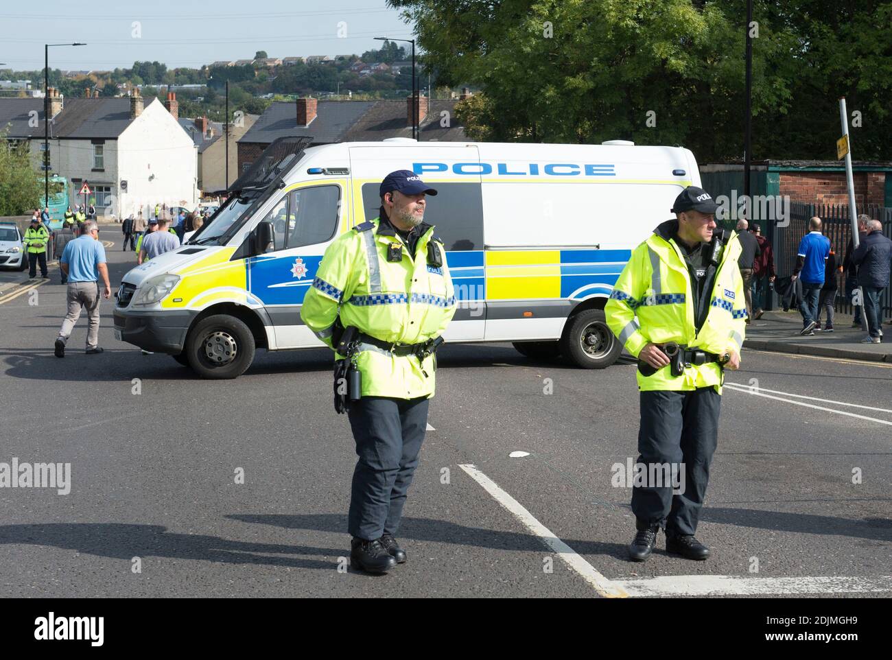 Police patrol Leppings Lane, Hillsborough in Sheffield before football ...